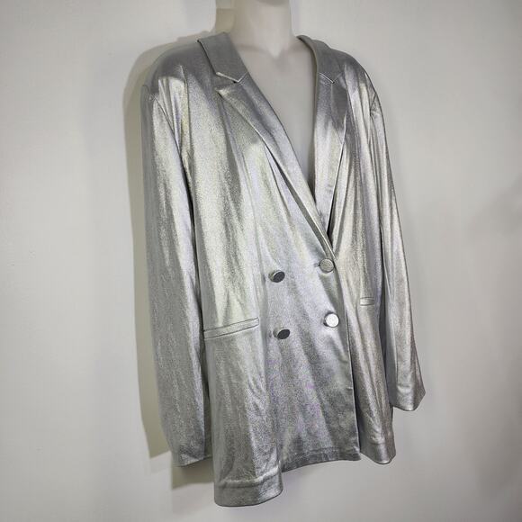 Jennifer Lopez Blazer XL Silver Metallic Jacket Disco Faux Pockets Button Retro - Picture 5 of 11